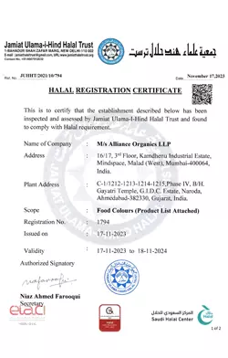 Dyes and Pigments Quality Manufacturer Supplier  – Halal Registration Certificate