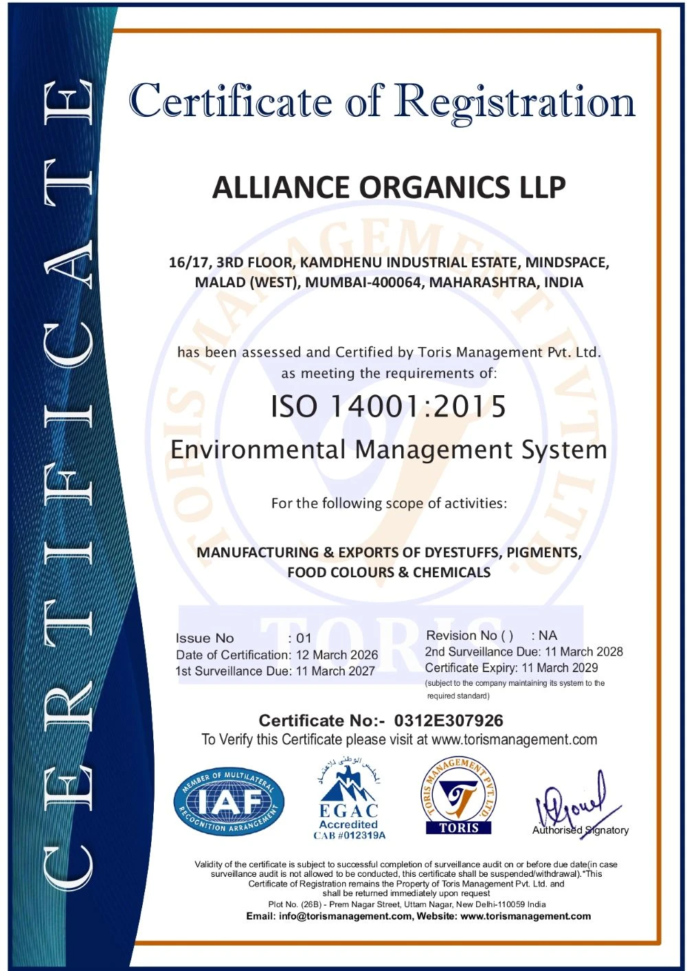 ISO 14001 : 2015 Certificate